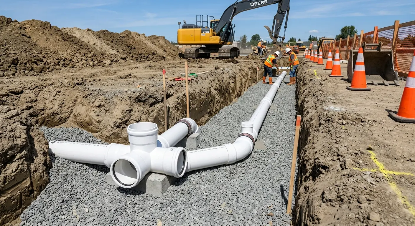 New PVC sewer pipe installation in open trench for Grease Trap Cleaning in Killeen