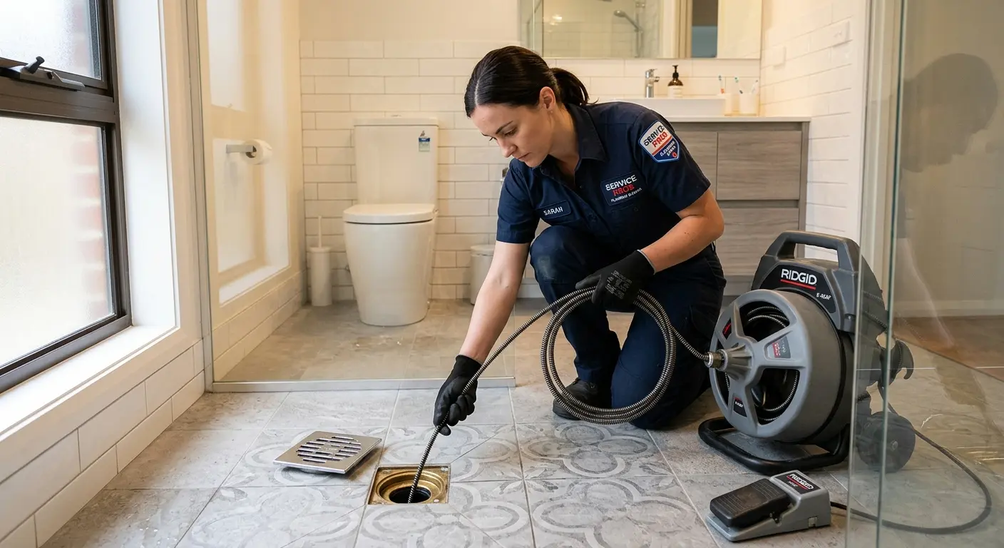Technician clearing a bathroom floor drain for Sewer Line Replacement in Killeen